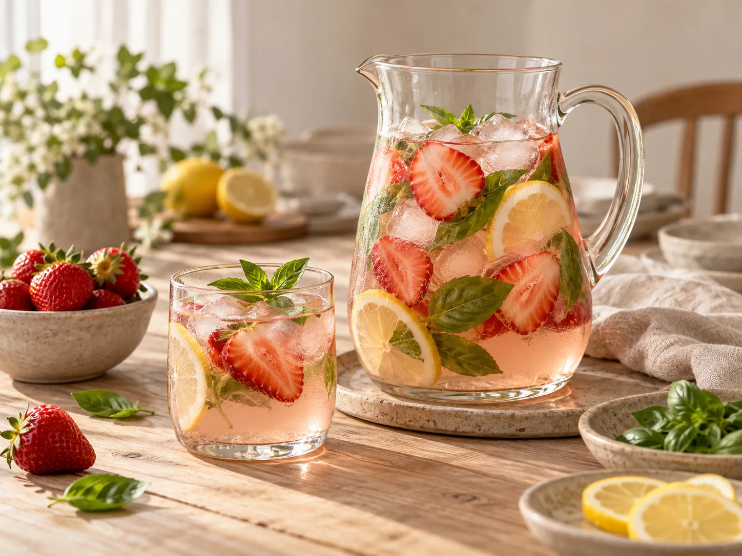 Agua fresca de frutilla y albahaca