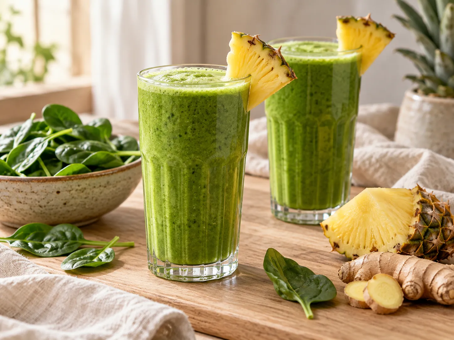 Batido verde de espinaca, piña y jengibre