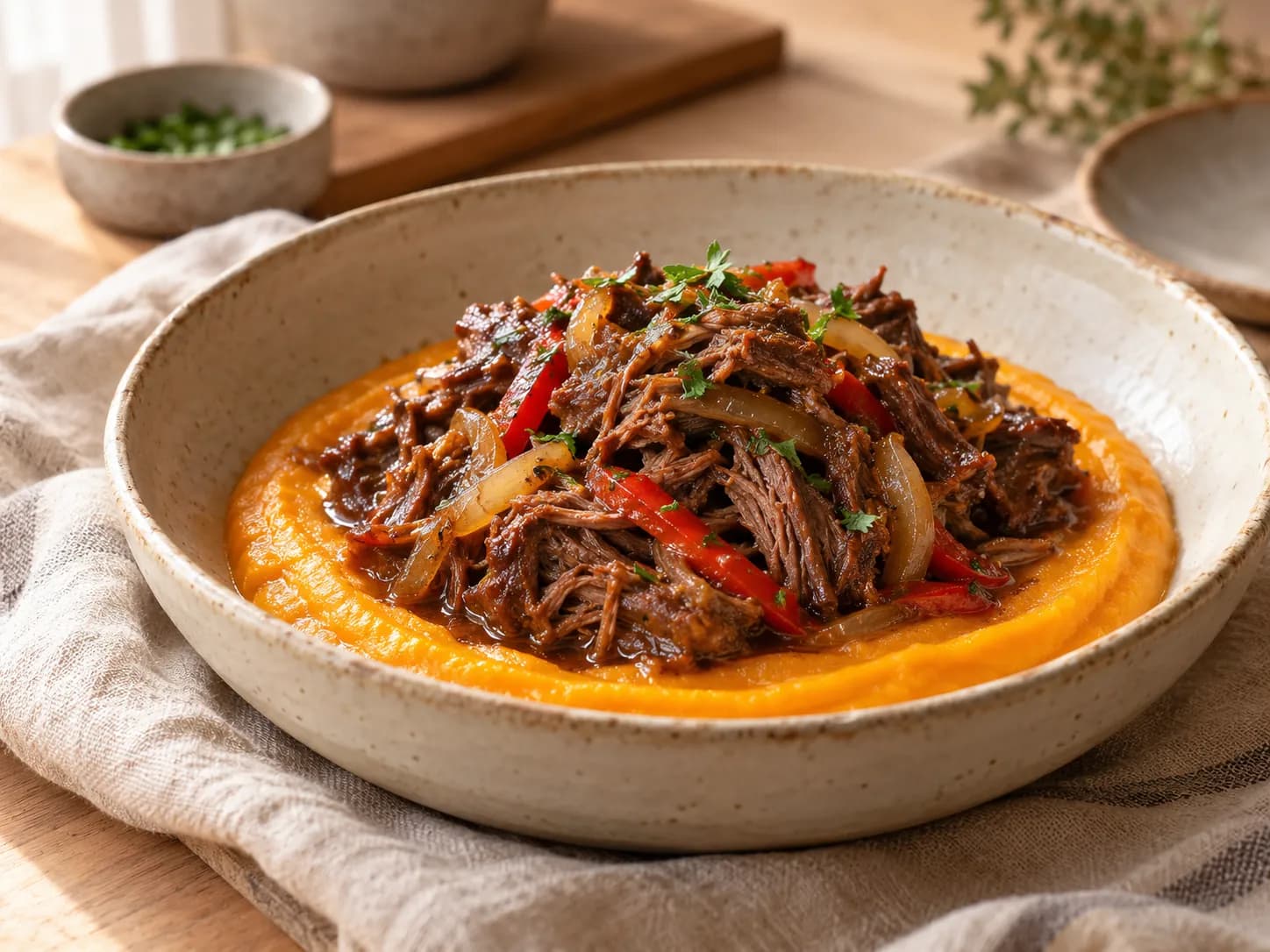 Carne mechada con puré de zapallo