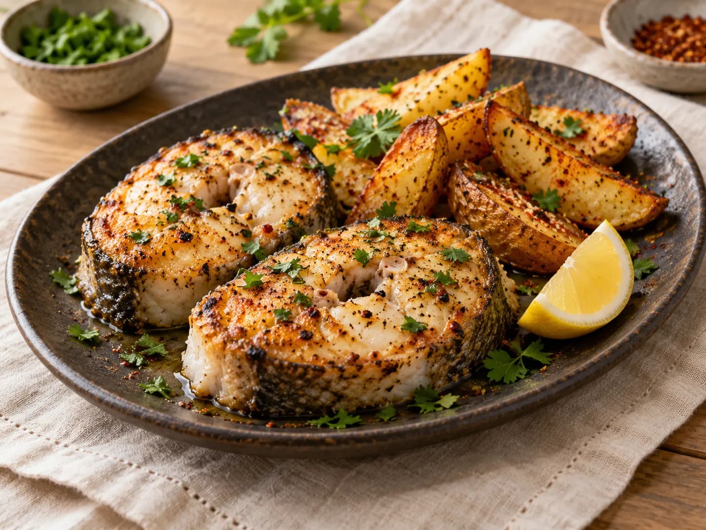 Congrio al horno con papas al merkén