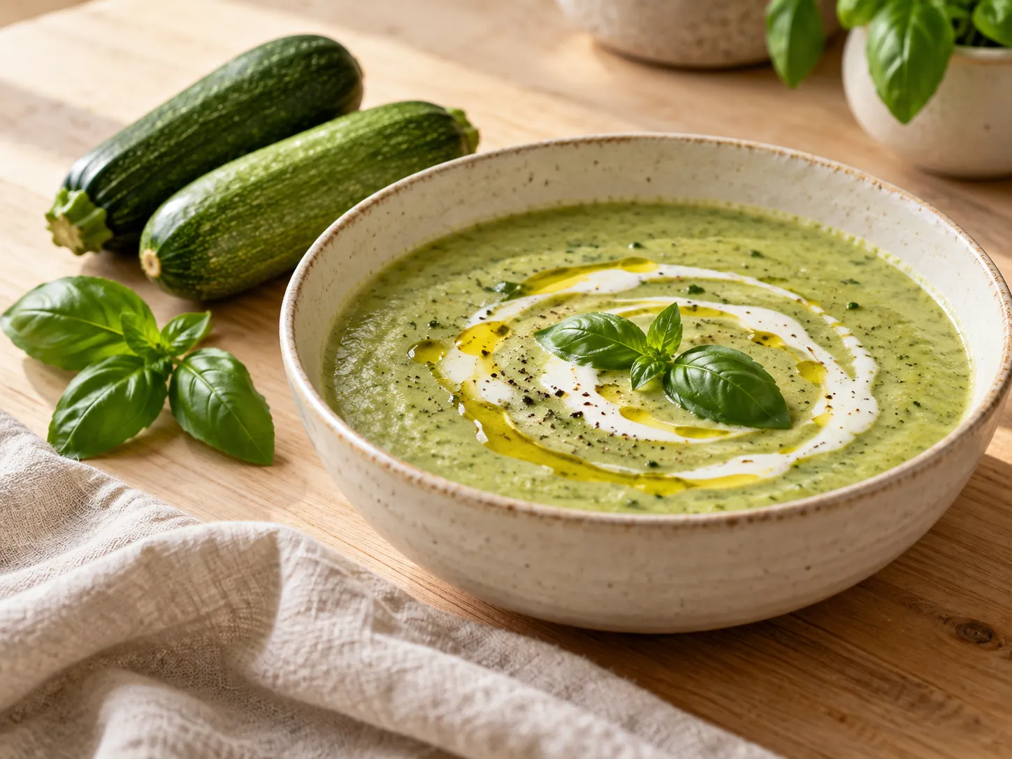 Crema de zapallo italiano y albahaca
