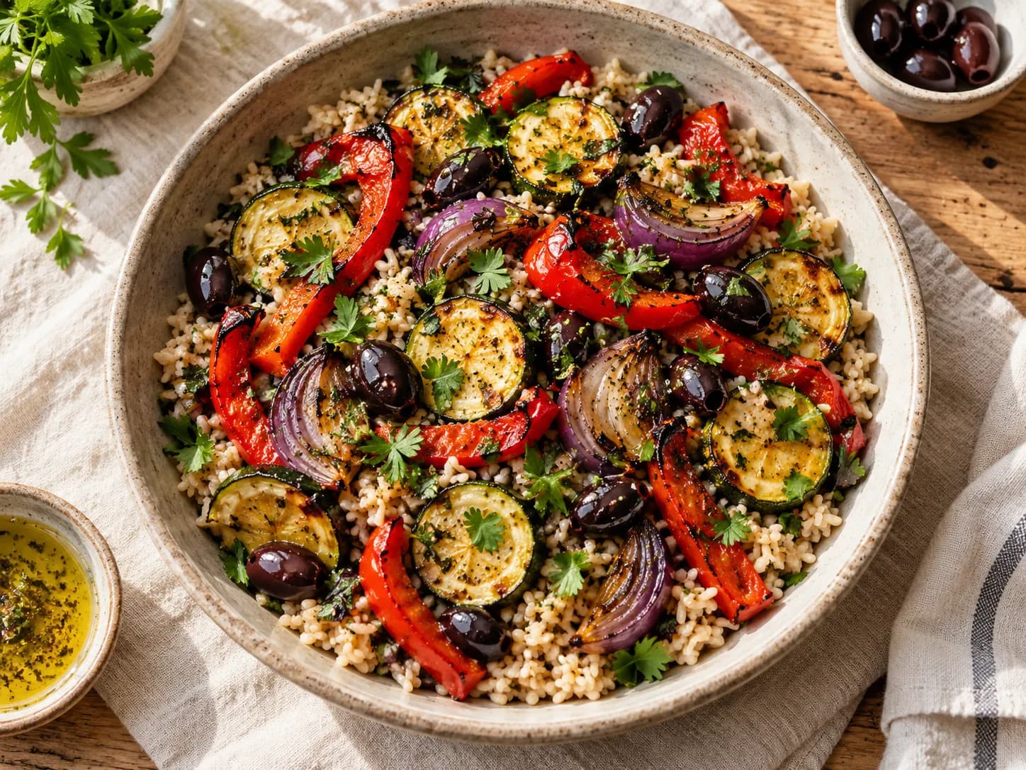 Ensalada de arroz integral con verduras asadas