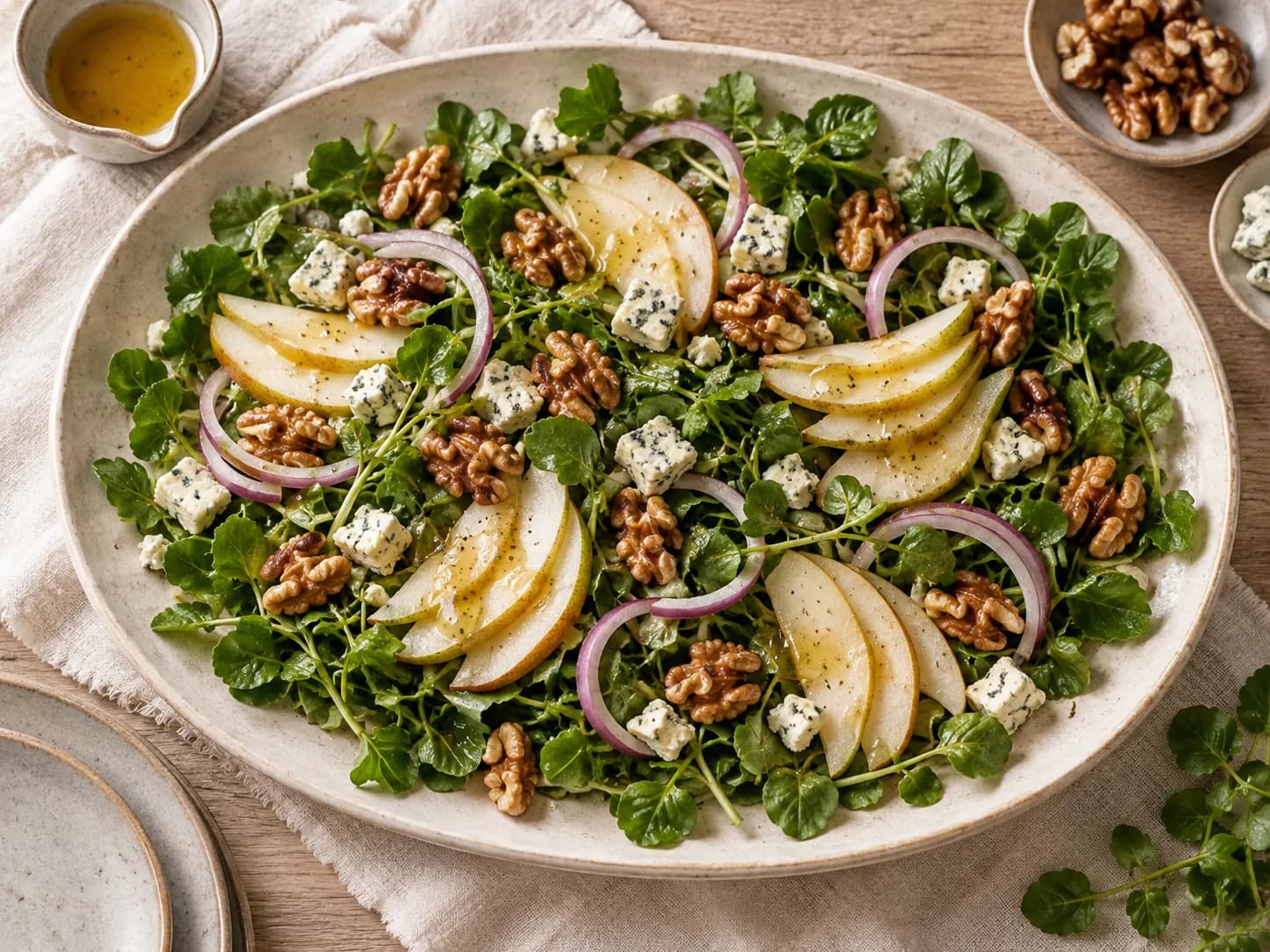 Ensalada de berros, pera y queso azul
