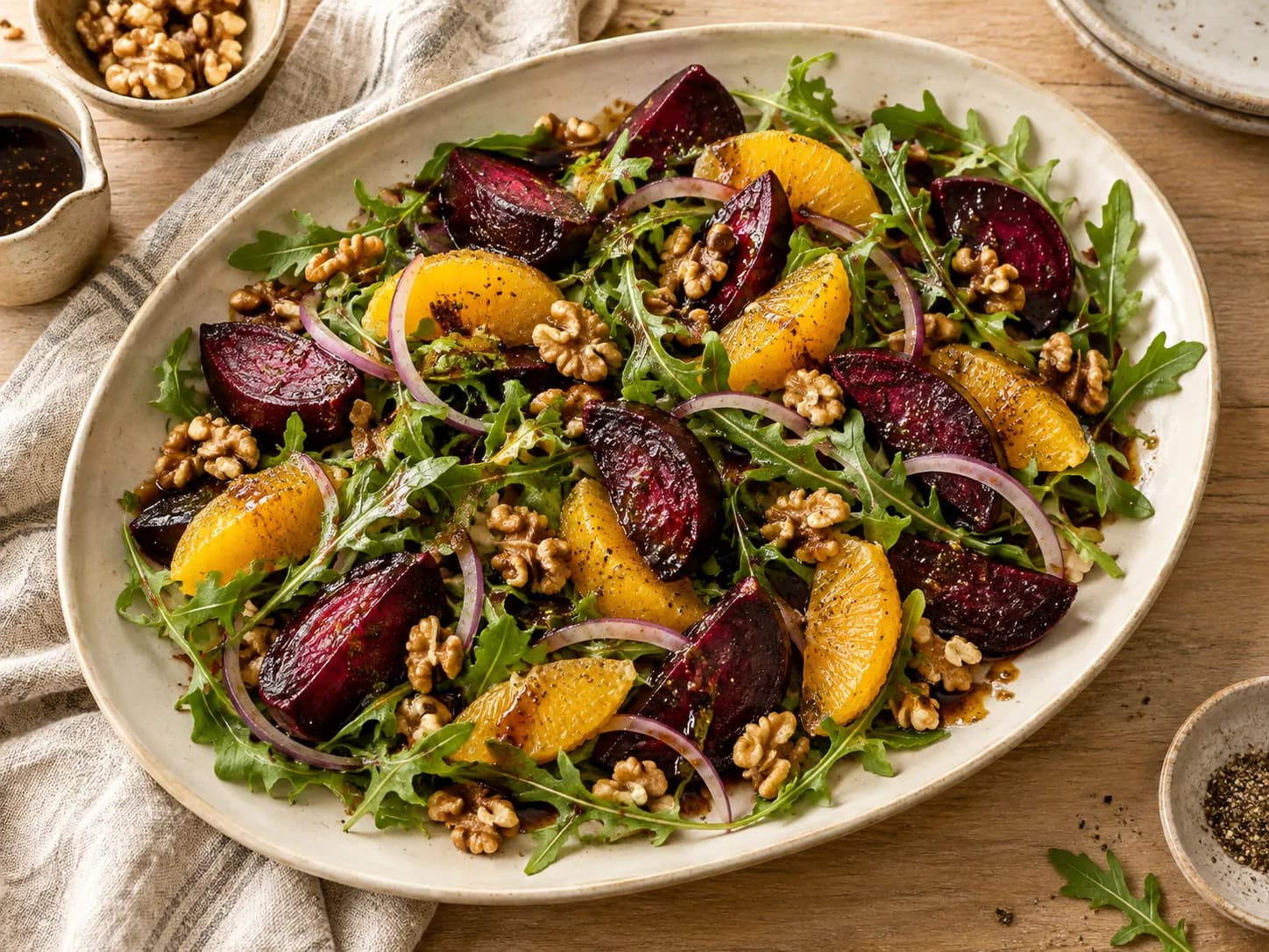 Ensalada de betarraga asada, naranja y nueces