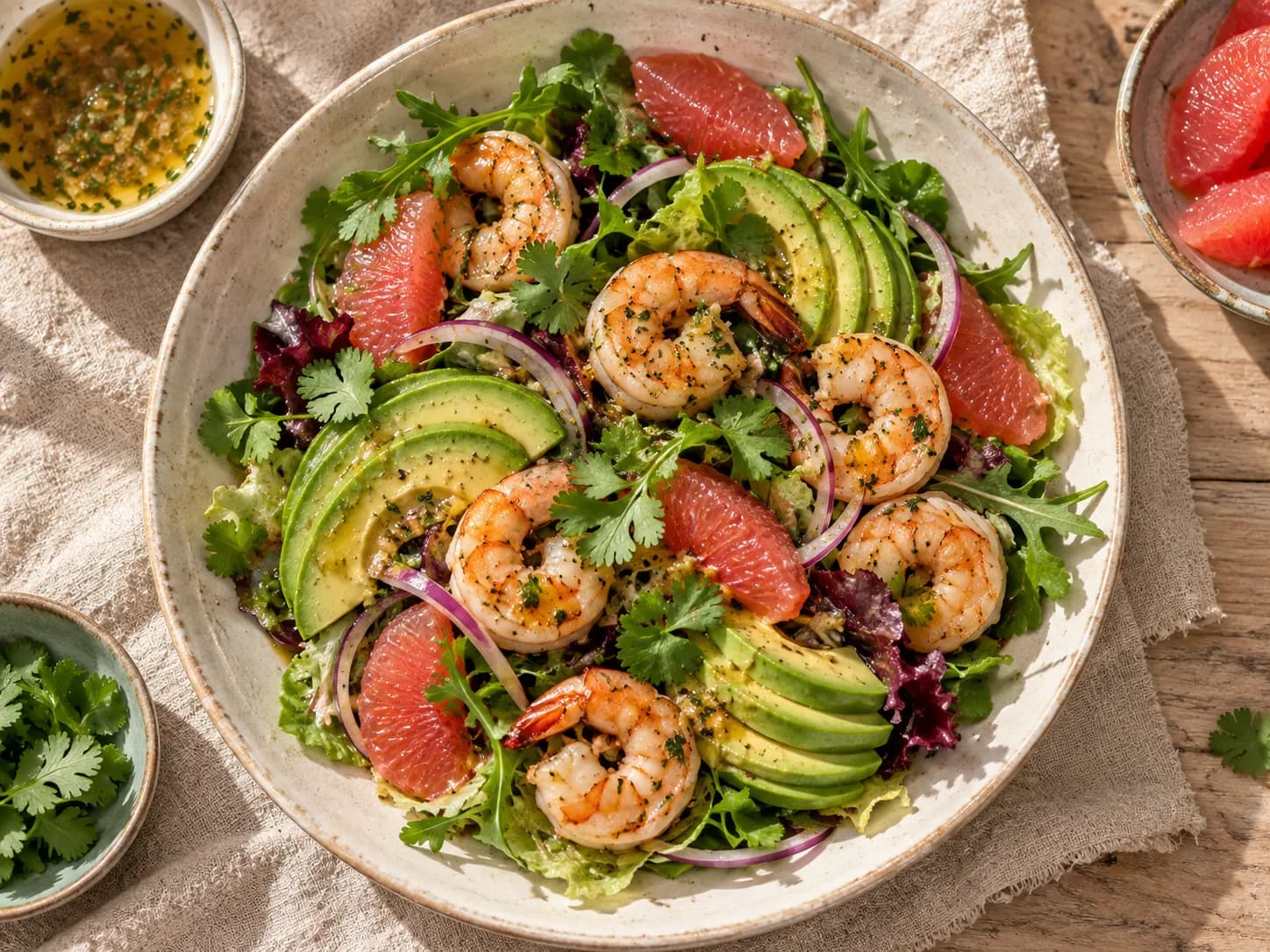 Ensalada de camarones, palta y pomelo