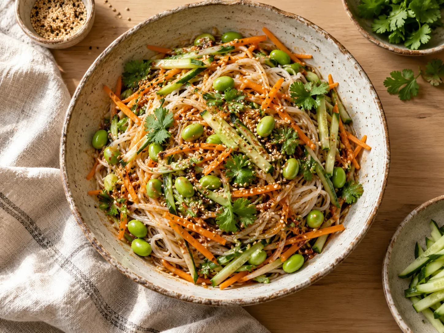 Ensalada de fideos de arroz con vegetales y sésamo