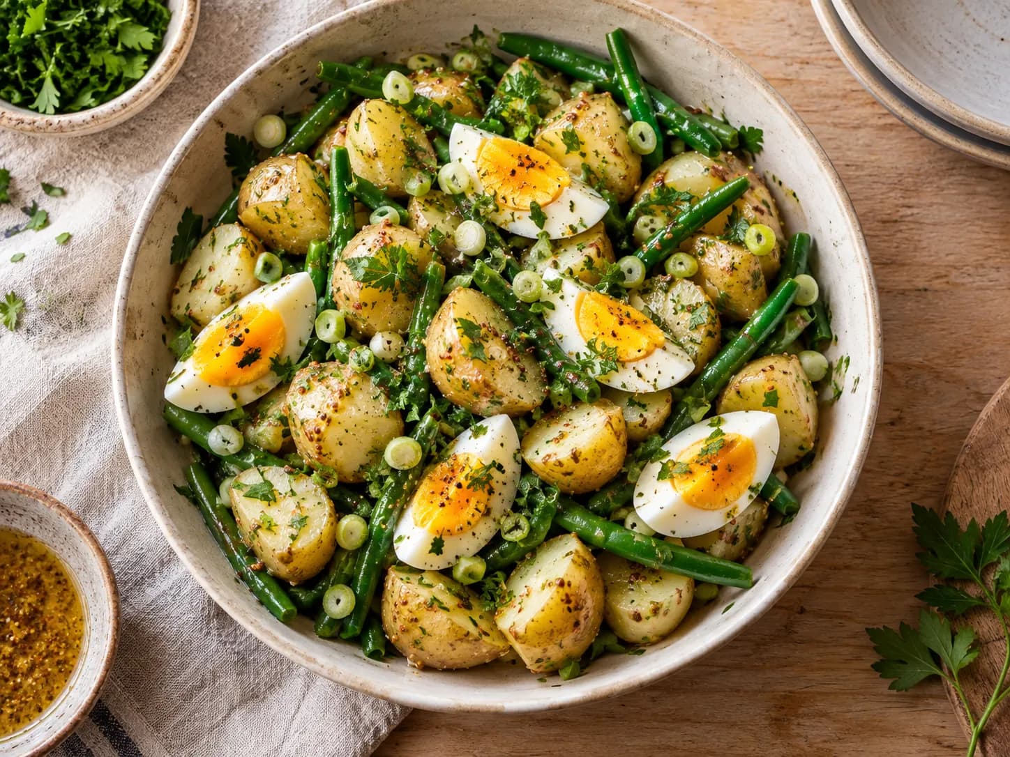 Ensalada de papas nuevas, huevo y porotos verdes