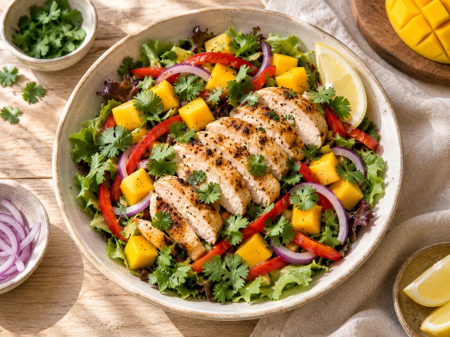 Ensalada de pollo con mango y pimentón