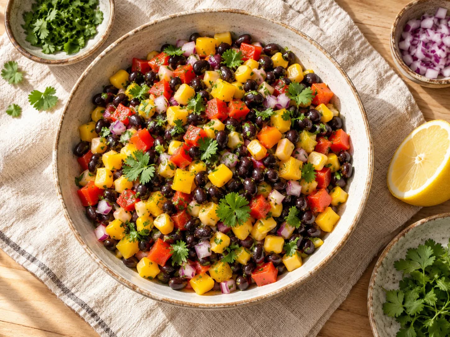 Ensalada de porotos negros, choclo y pimentón