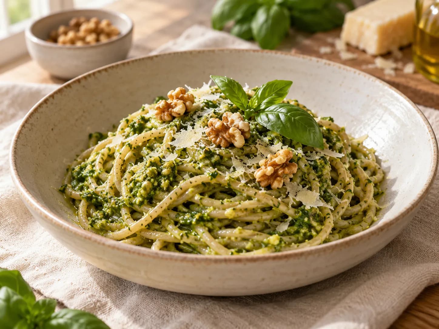 Fideos integrales con pesto de albahaca y nueces