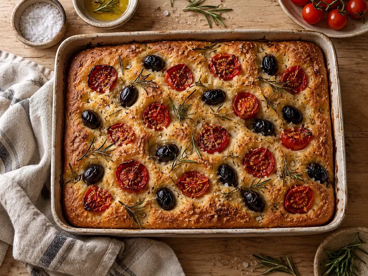 Focaccia integral con tomate y aceitunas