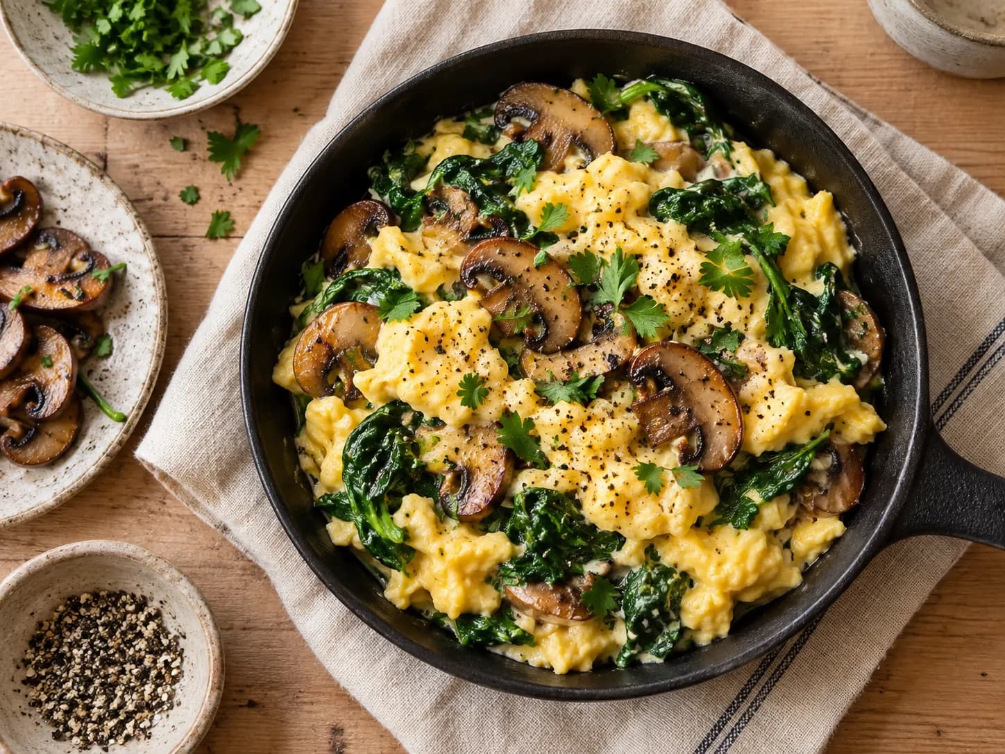 Huevos con champiñones y espinaca