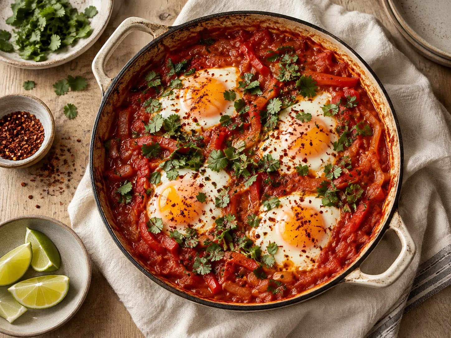 Huevos en salsa de tomate y merkén