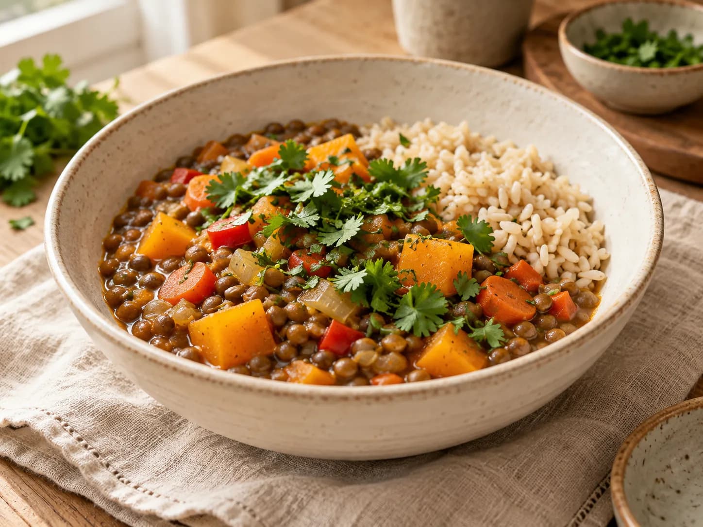 Lentejas con verduras y arroz integral