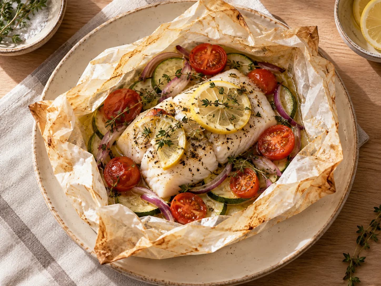 Merluza en papillote con verduras