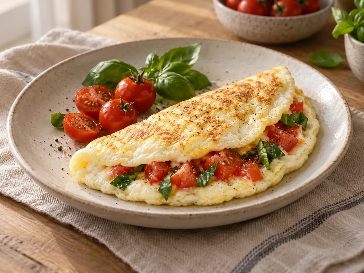 Omelette de claras con tomate y albahaca
