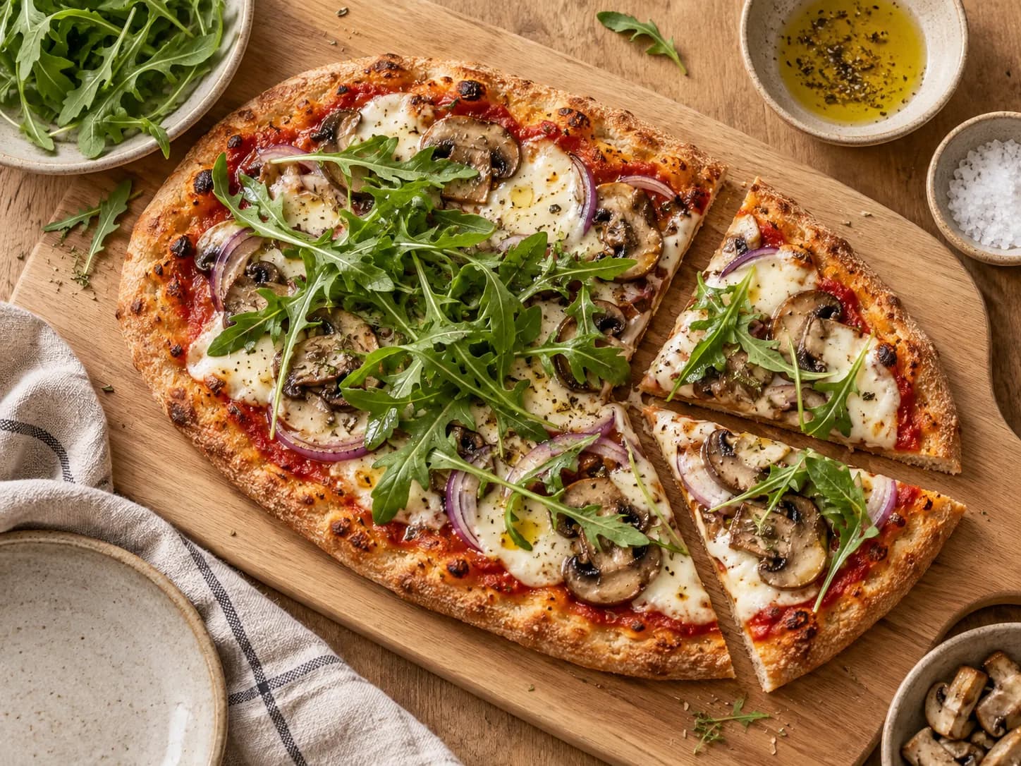 Pizza integral de champiñones y quesillo