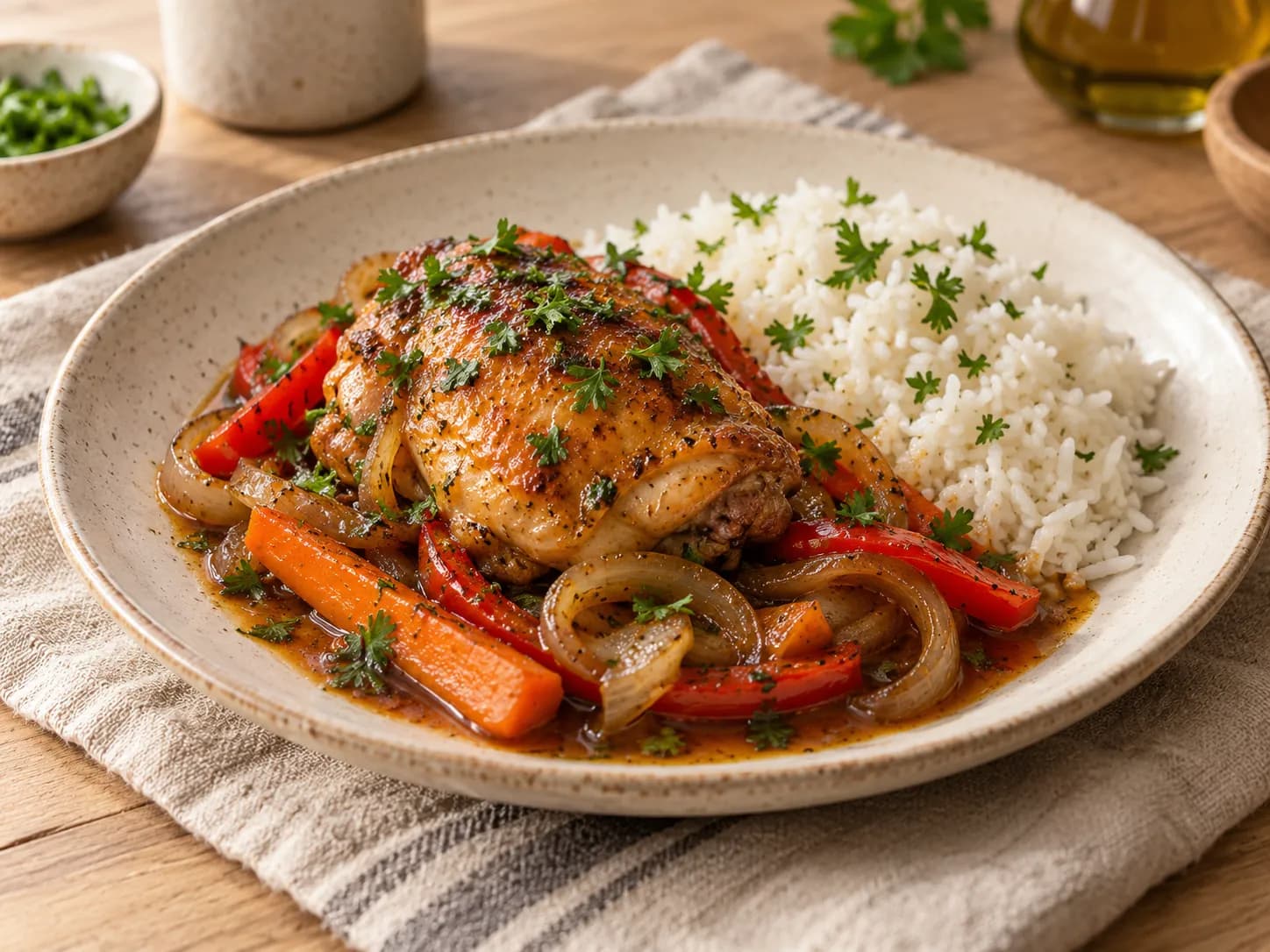 Pollo al jugo con arroz blanco