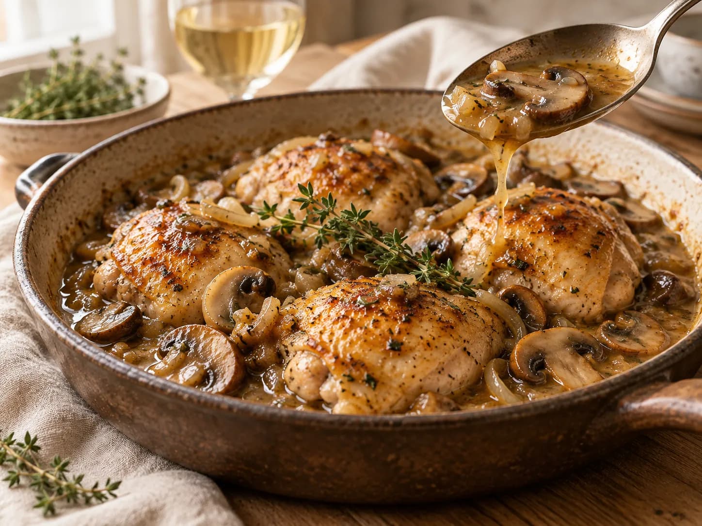 Pollo con champiñones y vino blanco