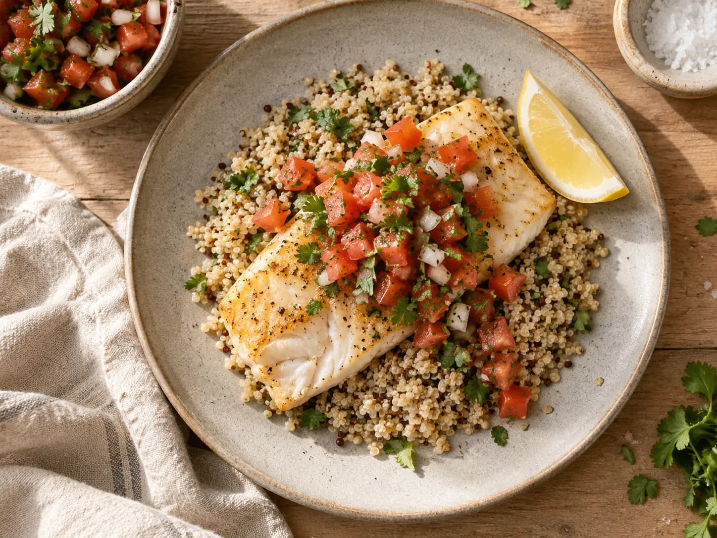Reineta al horno con pebre y quínoa