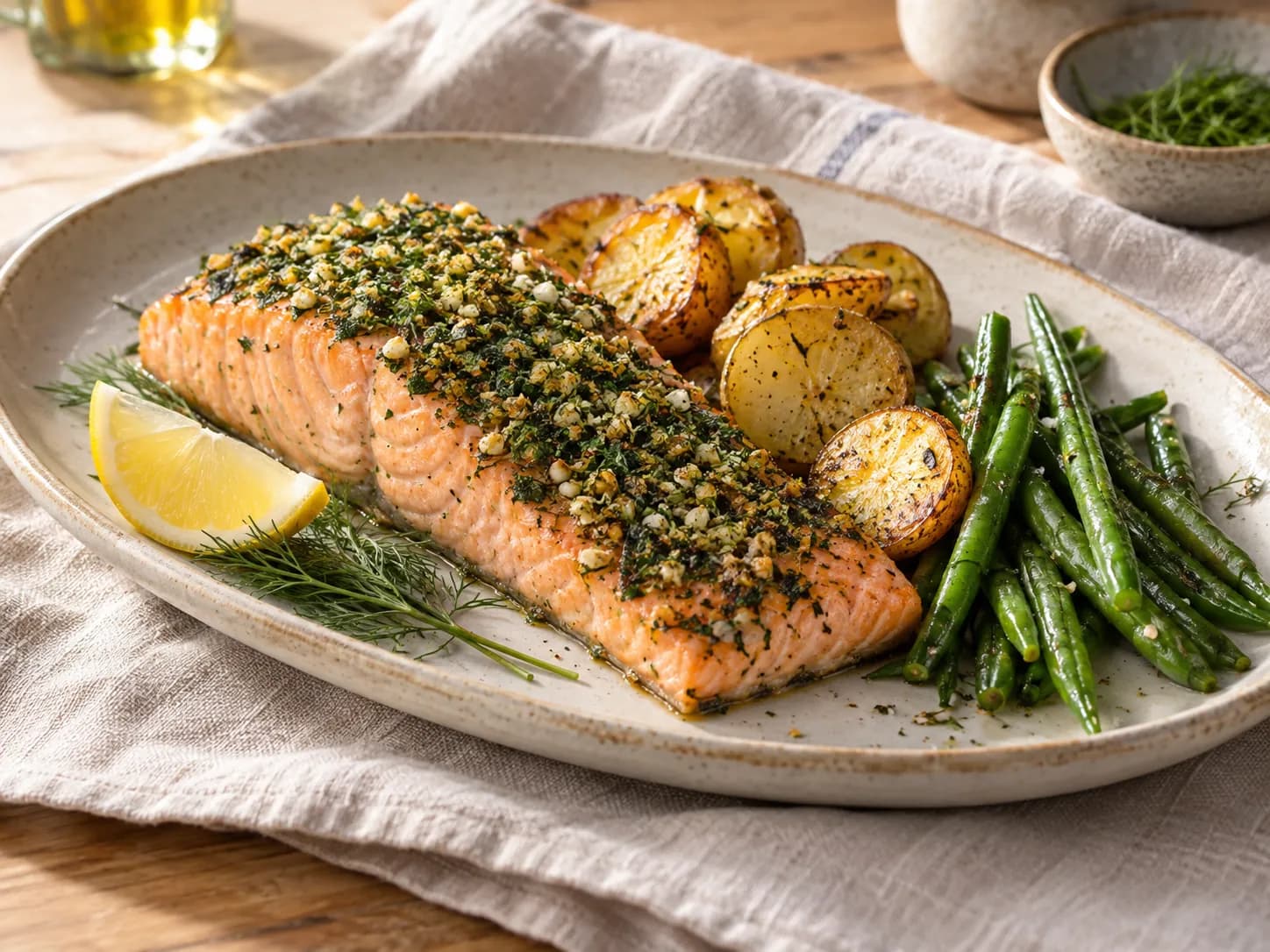 Salmón con costra de hierbas y papas nuevas
