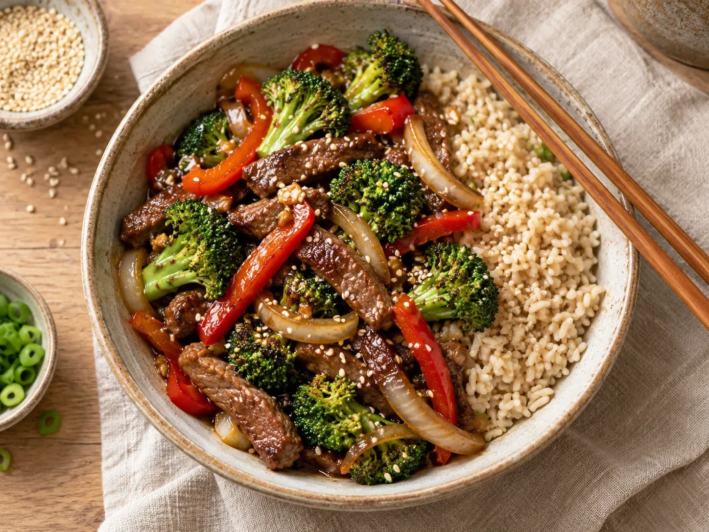 Salteado de posta con brócoli y arroz integral