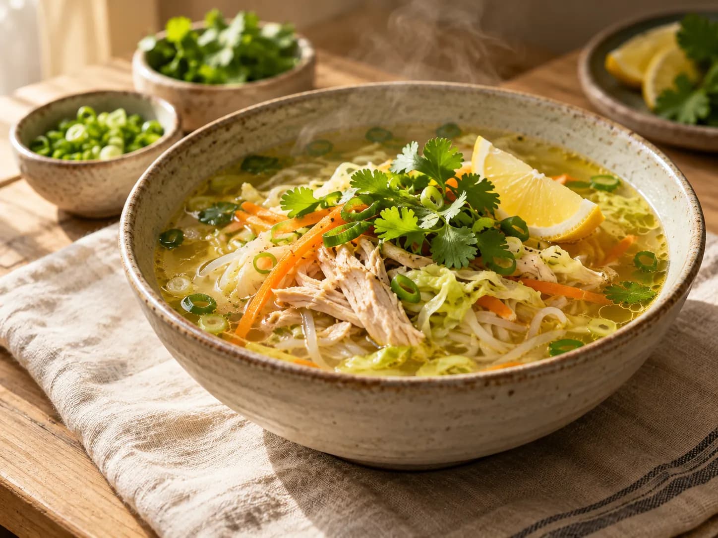 Sopa de pollo, jengibre y fideos de arroz