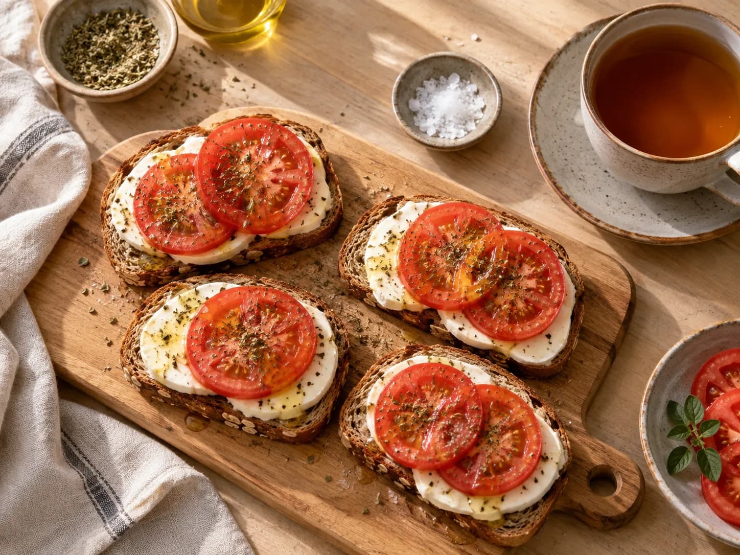 Tostadas con quesillo, tomate y orégano