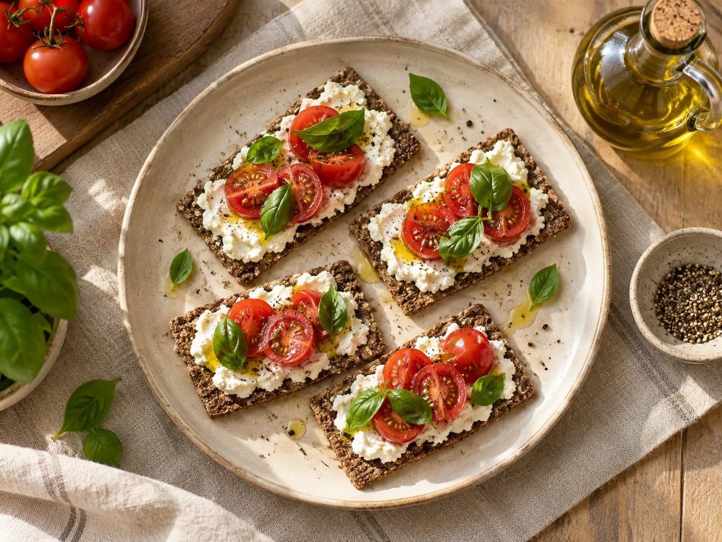 Tostadas de centeno con requesón y tomate cherry