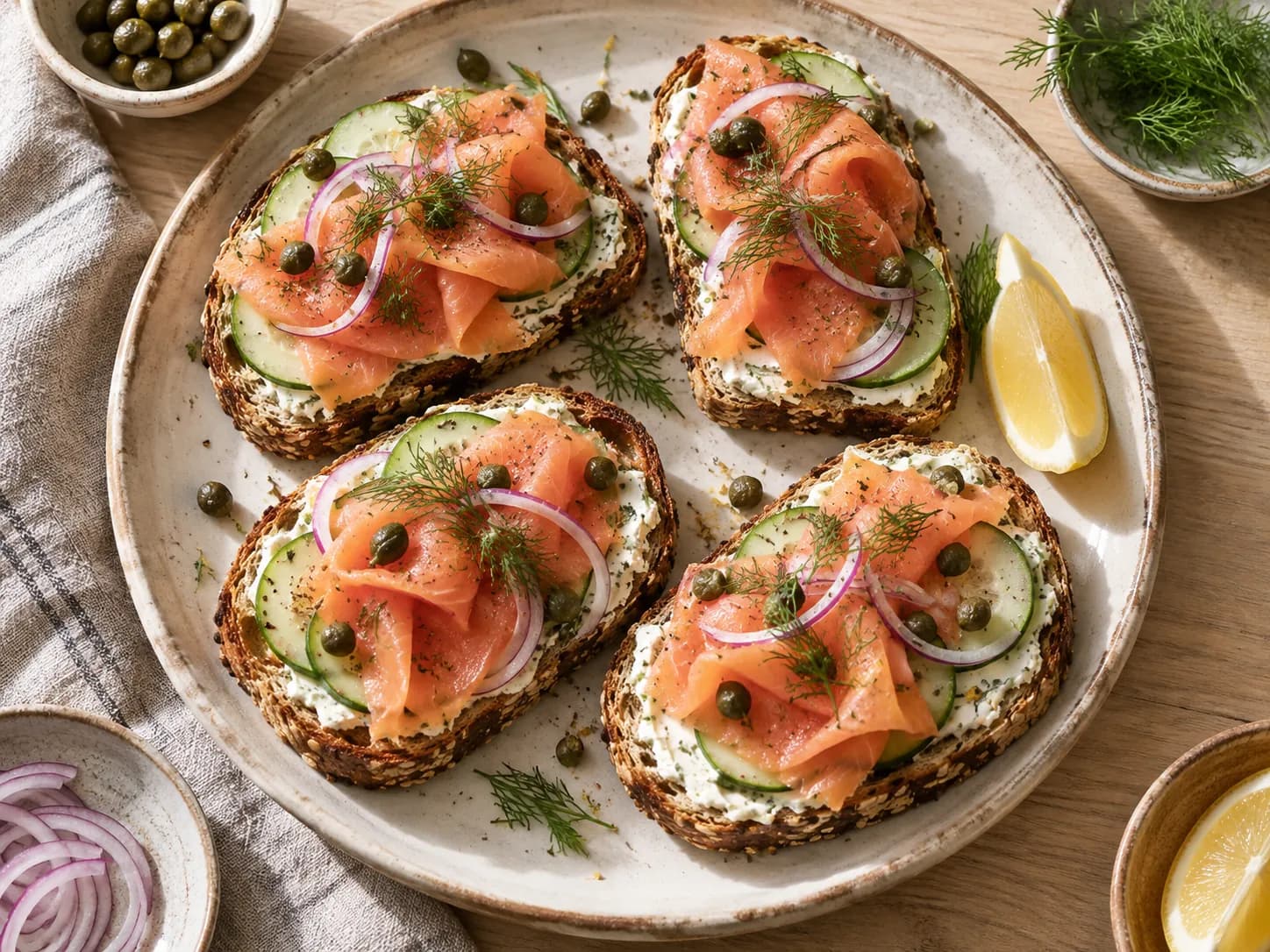 Tostadas integrales con salmón ahumado y pepino