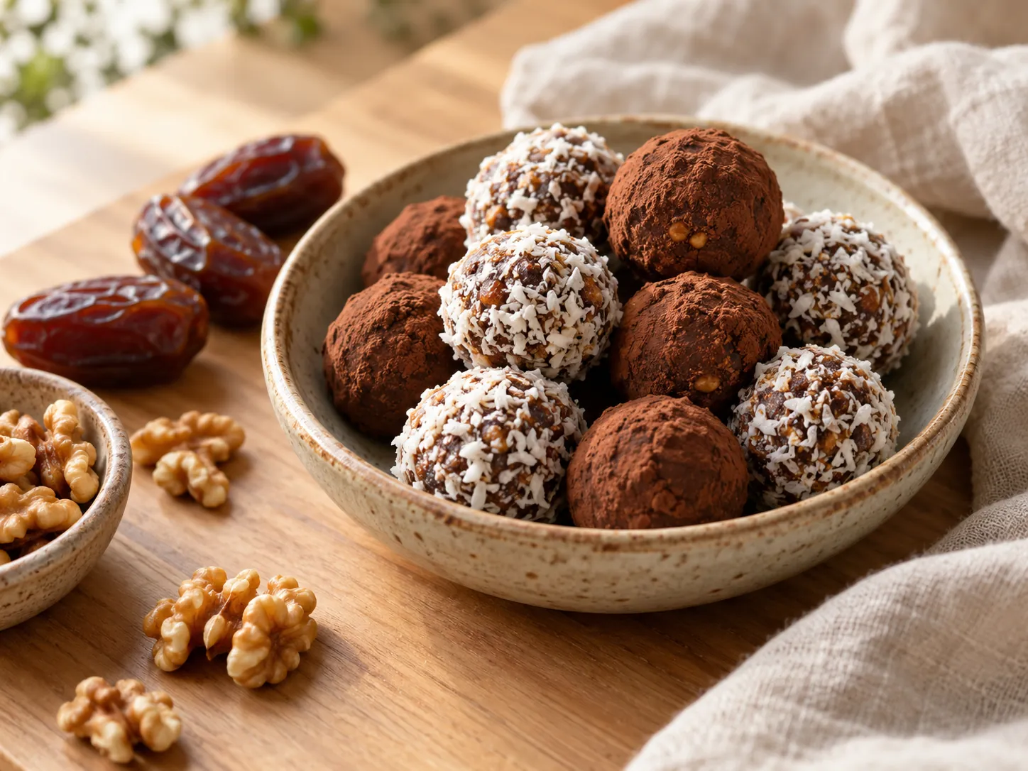 Trufas de dátiles, cacao y nuez