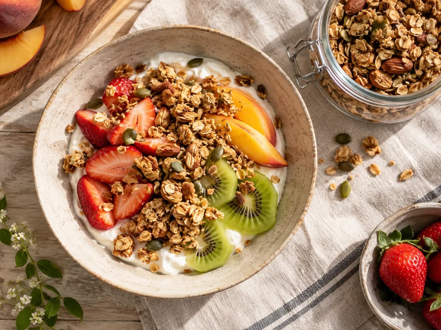 Yogur con granola casera y fruta